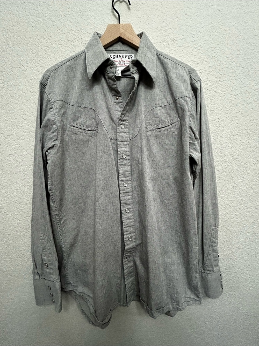 Schaefer Outfitter Western Pearl Snap Shirt Mens L Grey Chambray Made in USA